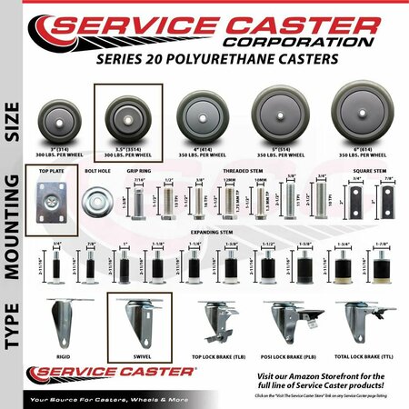 Service Caster 3.5'' Gray Poly Wheel Swivel Top Plate Caster Set with 2 Posi Brakes, 4PK SCC-20S3514-PPUB-2-PLB-2